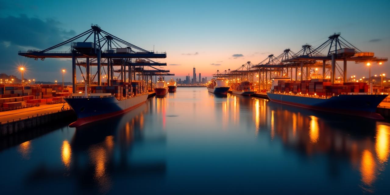 Puerto comercial con contenedores y rascacielos al fondo
