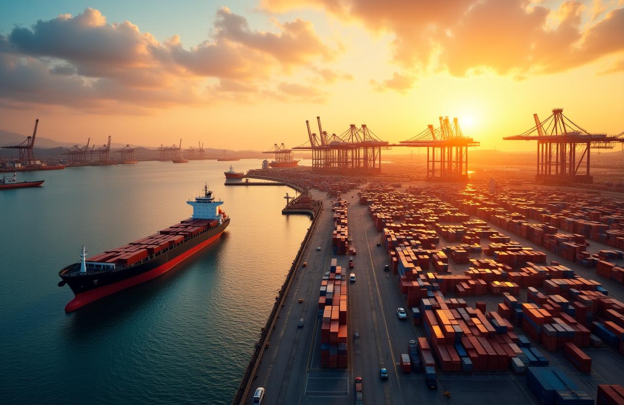 Puerto comercial con contenedores y barcos al atardecer